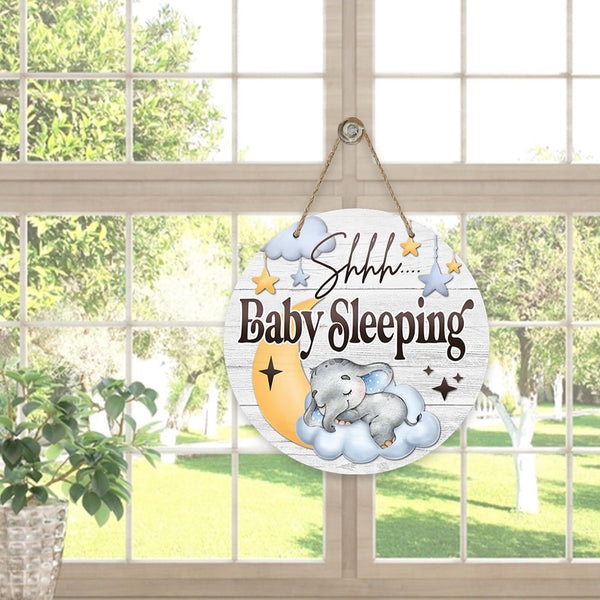 Shhh Baby Sleeping Front Door Sign, Elephant Moon Cloud Stars Wood Door Hanger Nursery Kids Bedroom Decor