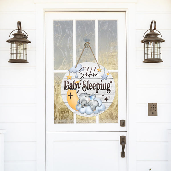 Shhh Baby Sleeping Front Door Sign, Elephant Moon Cloud Stars Wood Door Hanger Nursery Kids Bedroom Decor