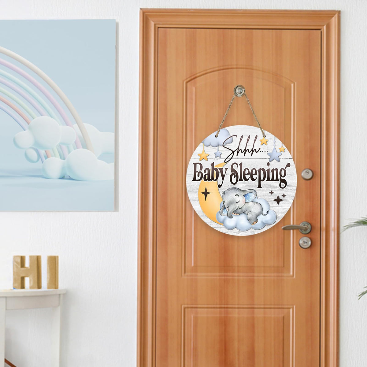 Shhh Baby Sleeping Front Door Sign, Elephant Moon Cloud Stars Wood Door Hanger Nursery Kids Bedroom Decor