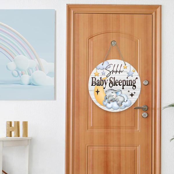 Shhh Baby Sleeping Front Door Sign, Elephant Moon Cloud Stars Wood Door Hanger Nursery Kids Bedroom Decor