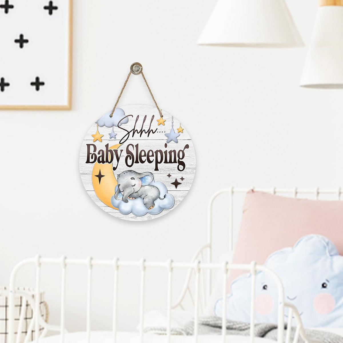 Shhh Baby Sleeping Front Door Sign, Elephant Moon Cloud Stars Wood Door Hanger Nursery Kids Bedroom Decor