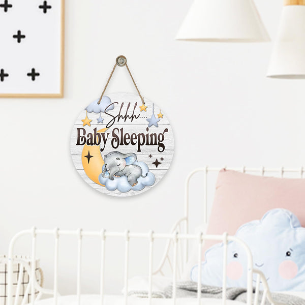 Shhh Baby Sleeping Front Door Sign, Elephant Moon Cloud Stars Wood Door Hanger Nursery Kids Bedroom Decor