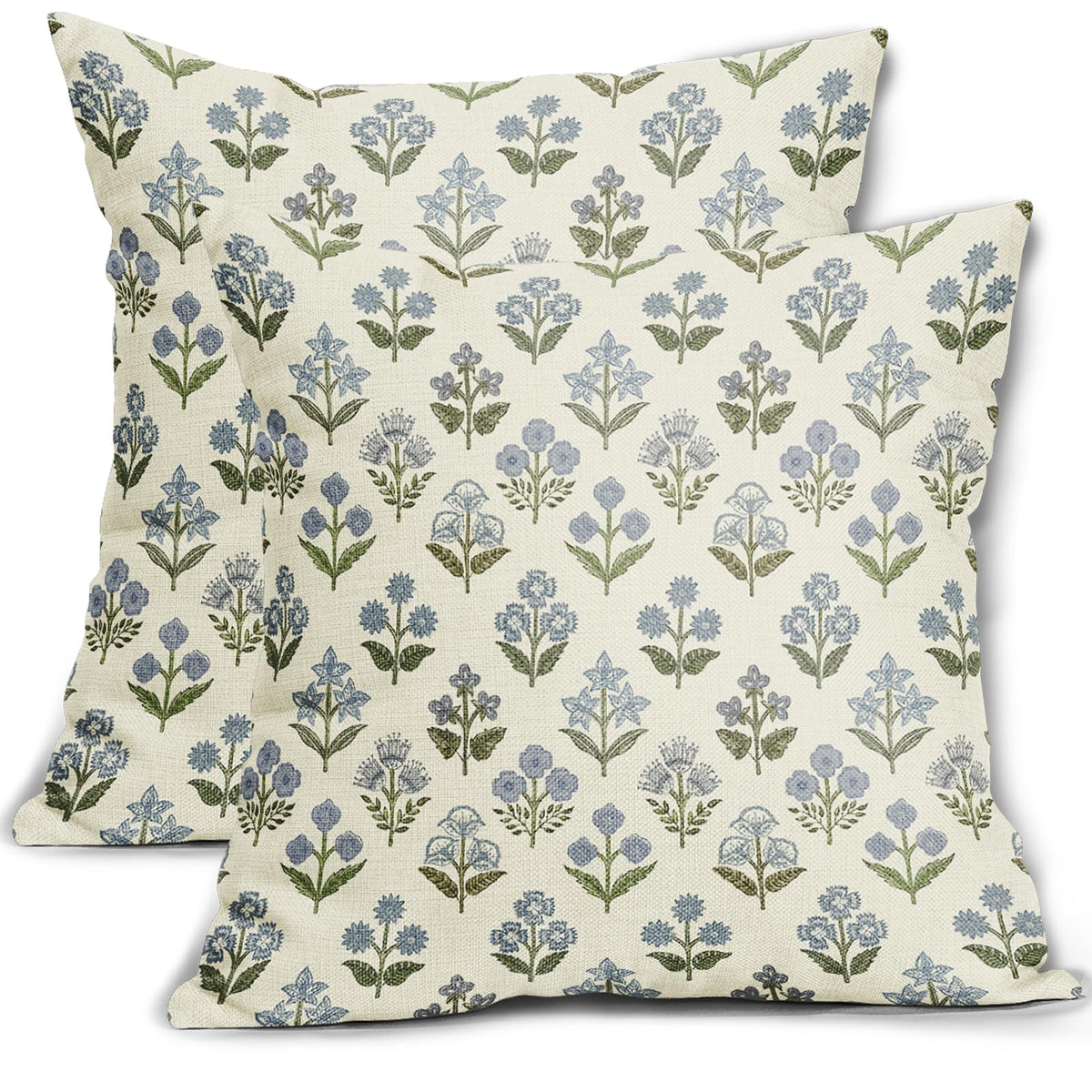 Blue Green Block Print Pillow Covers 18x18 Inch Set of 2, Vintage Floral Spring Decorative