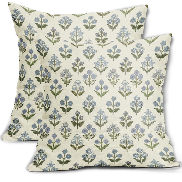 Blue Green Block Print Pillow Covers 18x18 Inch Set of 2, Vintage Floral Spring Decorative