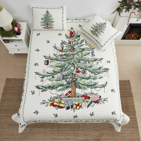 Christmas Tree Quilt Set, Festive Holiday Bedspread with Pillow Shams, Soft Microfiber Lightweight Bedding