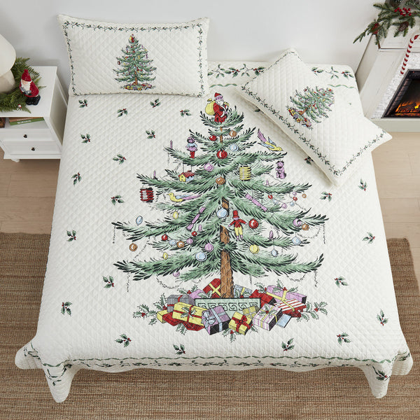 Christmas Tree Quilt Set, Festive Holiday Bedspread with Pillow Shams, Soft Microfiber Lightweight Bedding