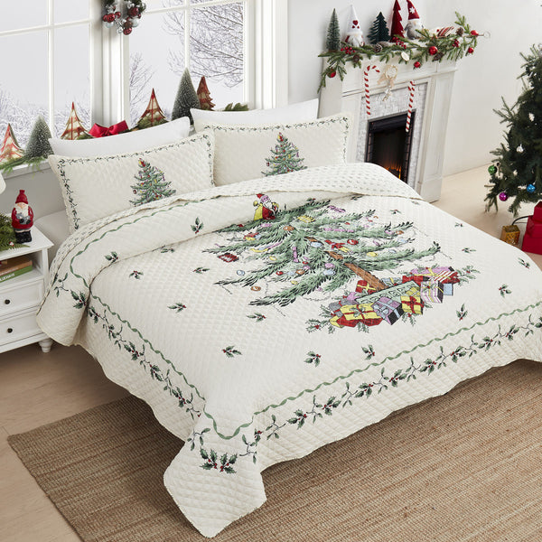 Christmas Tree Quilt Set, Festive Holiday Bedspread with Pillow Shams, Soft Microfiber Lightweight Bedding