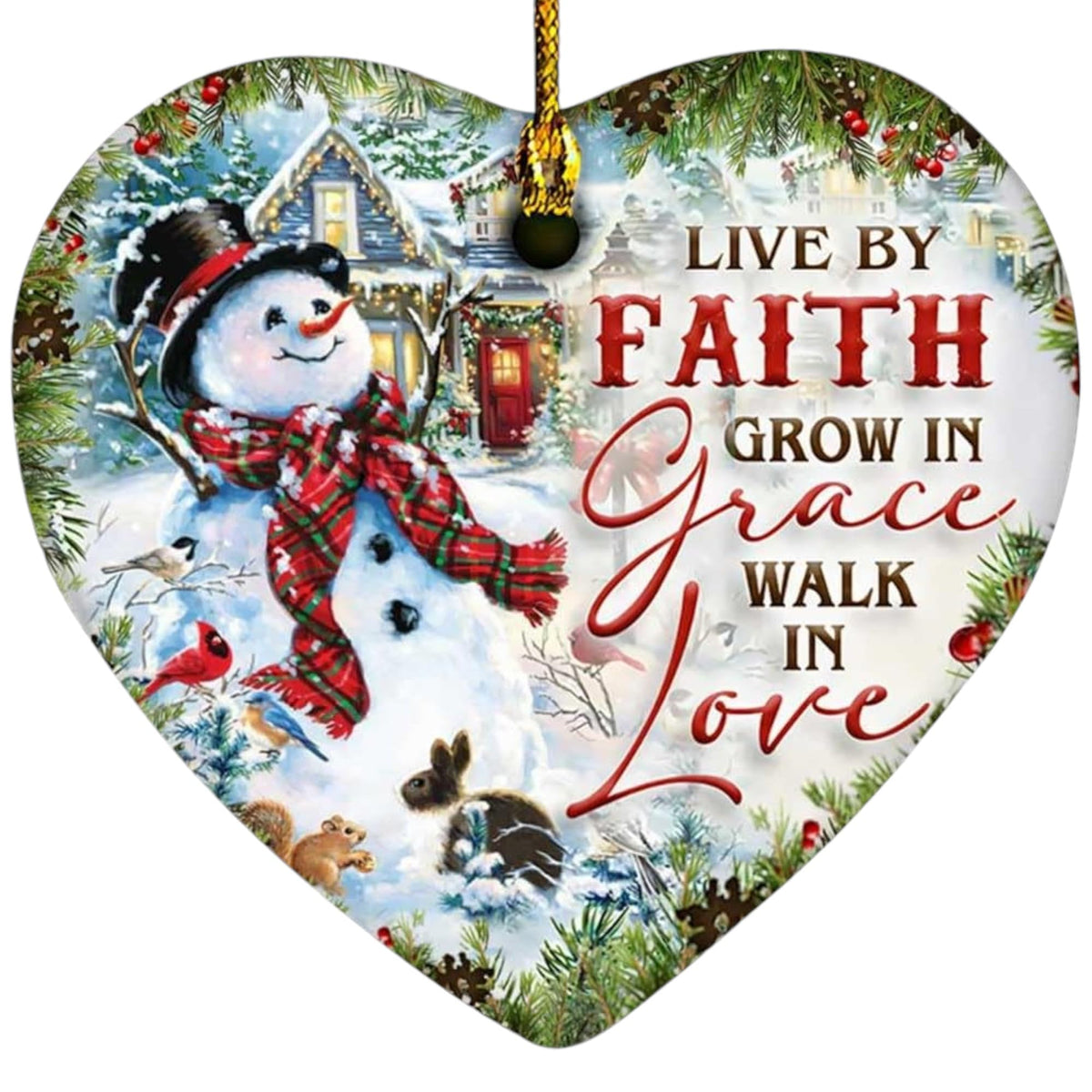 2025 Christmas Ornament - Inspirational Snowman Ceramic Ornament - Live by Faith, Grow in Grace, Walk in Love, Keepsake for Celebrations