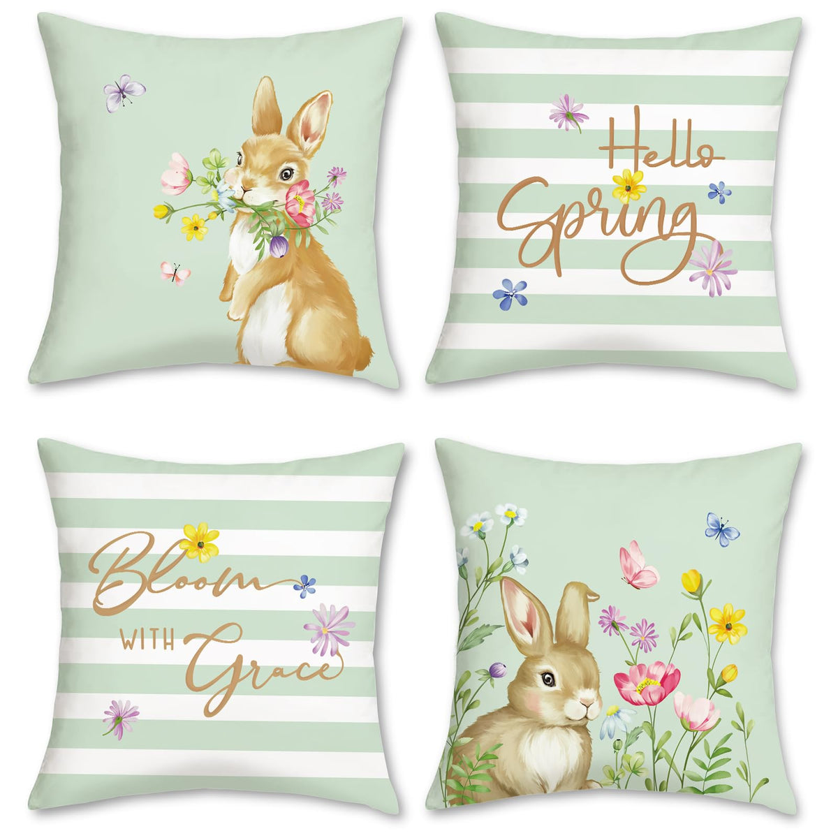 Spring Bunny Easter Throw Pillow Covers 18 x 18 Inch Rabbits Floral Green Stripes Set of 4