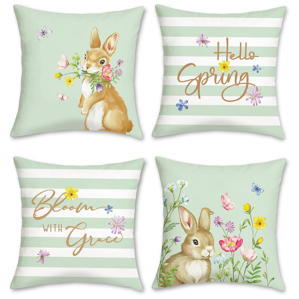 Spring Bunny Easter Throw Pillow Covers 18 x 18 Inch Rabbits Floral Green Stripes Set of 4