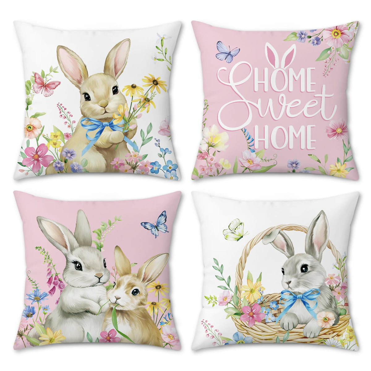 Spring Easter Bunny Throw Pillow Covers 18x18 Inch Pink Rabbit Floral Butterfly Home Sweet Home