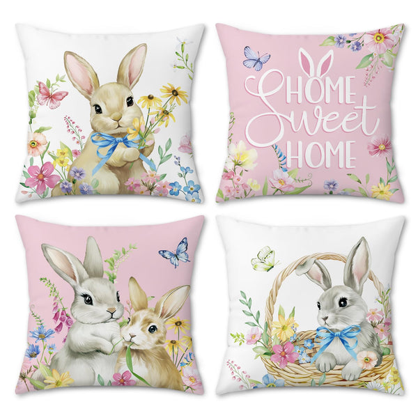 Spring Easter Bunny Throw Pillow Covers 18x18 Inch Pink Rabbit Floral Butterfly Home Sweet Home