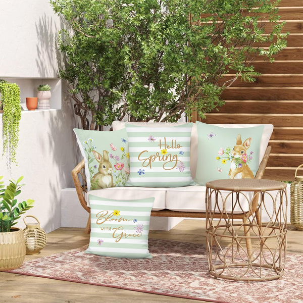 Spring Bunny Easter Throw Pillow Covers 18 x 18 Inch Rabbits Floral Green Stripes Set of 4