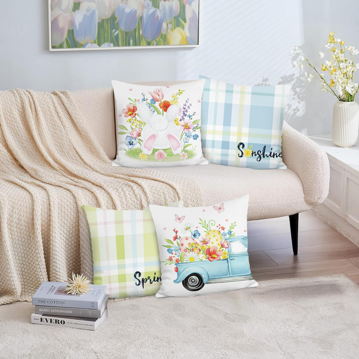 Easter Spring Flowers Pillow Covers 18 x 18 Inch Rabbit Bunny Floral Set of 4