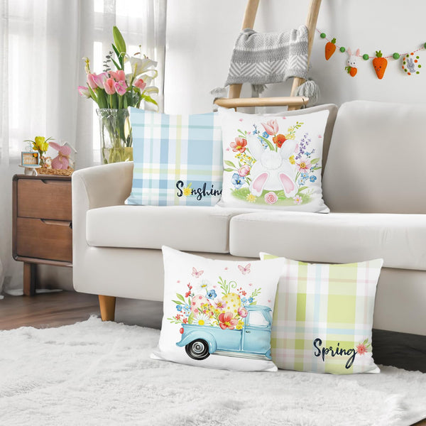 Easter Spring Flowers Pillow Covers 18 x 18 Inch Rabbit Bunny Floral Set of 4