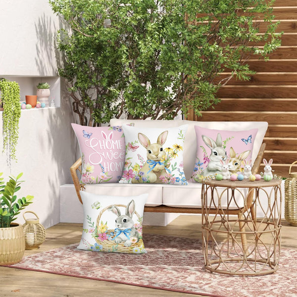 Spring Easter Bunny Throw Pillow Covers 18x18 Inch Pink Rabbit Floral Butterfly Home Sweet Home