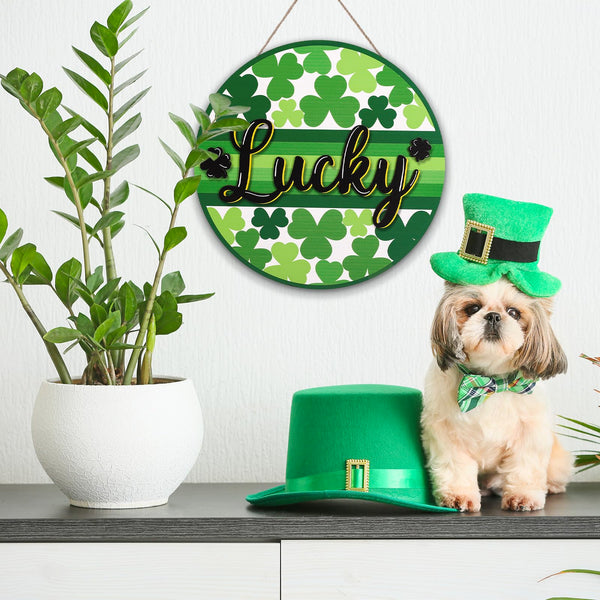 St. Patrick's Day Welcome Door Sign 2D Flat Green Shamrock Lucky Clover Round Wood Door Hanger Outdoor Decor