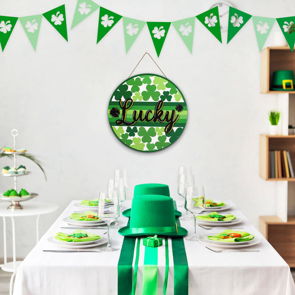 St. Patrick's Day Welcome Door Sign 2D Flat Green Shamrock Lucky Clover Round Wood Door Hanger Outdoor Decor