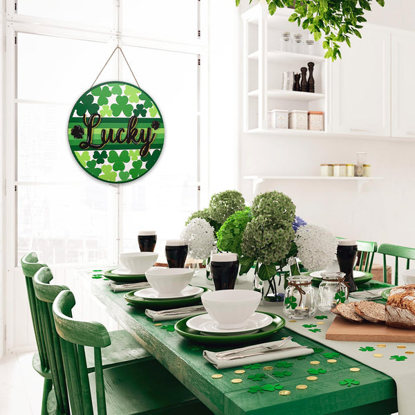 St. Patrick's Day Welcome Door Sign 2D Flat Green Shamrock Lucky Clover Round Wood Door Hanger Outdoor Decor