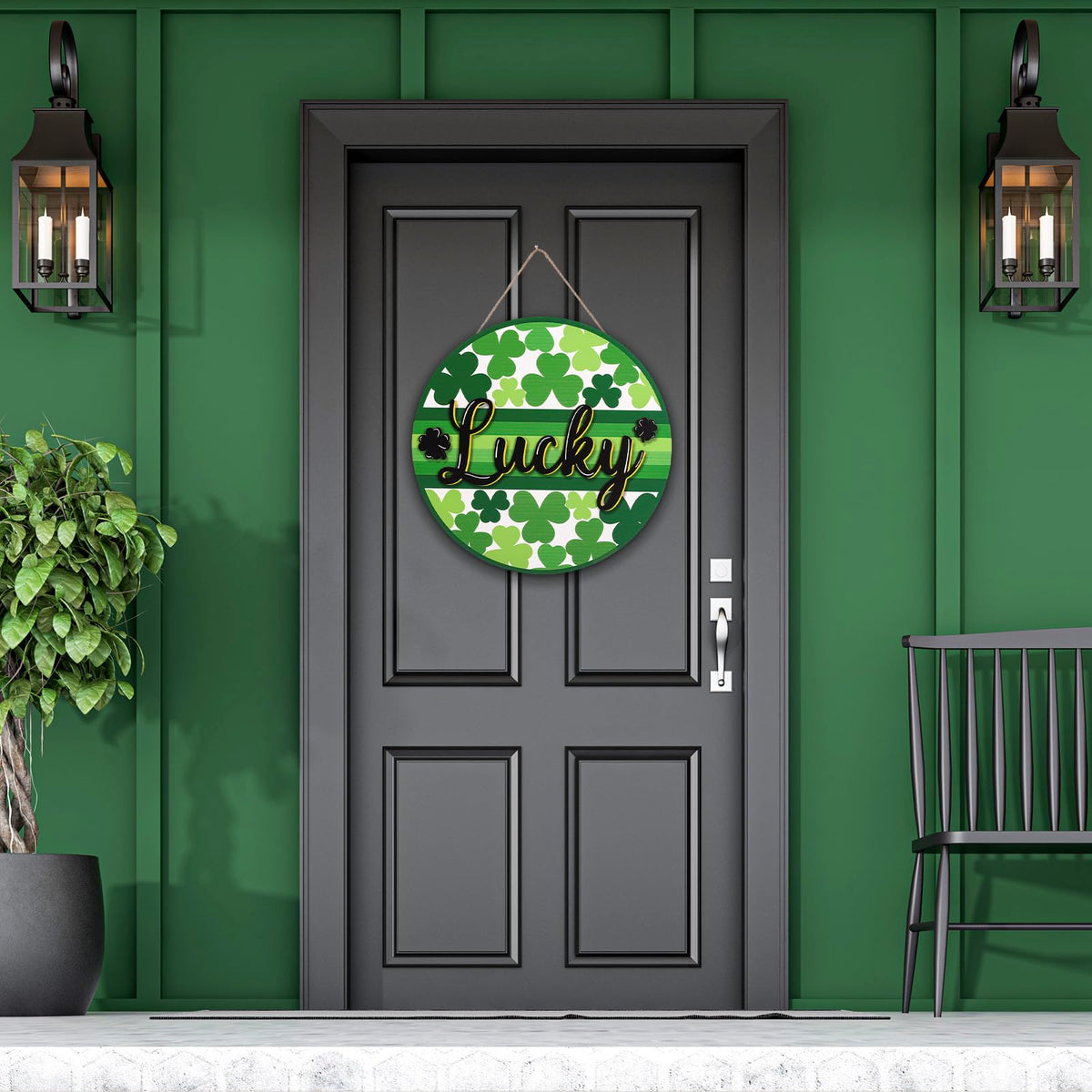 St. Patrick's Day Welcome Door Sign 2D Flat Green Shamrock Lucky Clover Round Wood Door Hanger Outdoor Decor