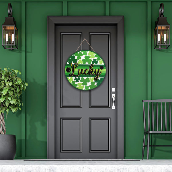 St. Patrick's Day Welcome Door Sign 2D Flat Green Shamrock Lucky Clover Round Wood Door Hanger Outdoor Decor