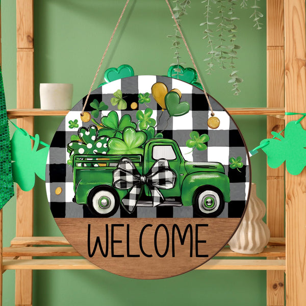 St. Patrick's Day Door Sign Decorations Wooden Welcome Shamrock Wreath Sign Farmhouse Buffalo Plaid Green Truck Door Hanger