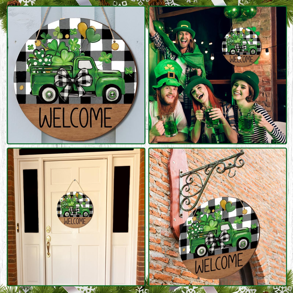 St. Patrick's Day Door Sign Decorations Wooden Welcome Shamrock Wreath Sign Farmhouse Buffalo Plaid Green Truck Door Hanger