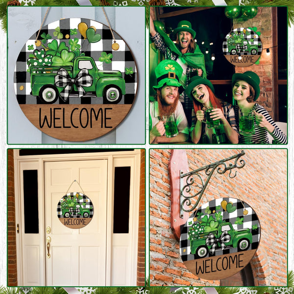 St. Patrick's Day Door Sign Decorations Wooden Welcome Shamrock Wreath Sign Farmhouse Buffalo Plaid Green Truck Door Hanger