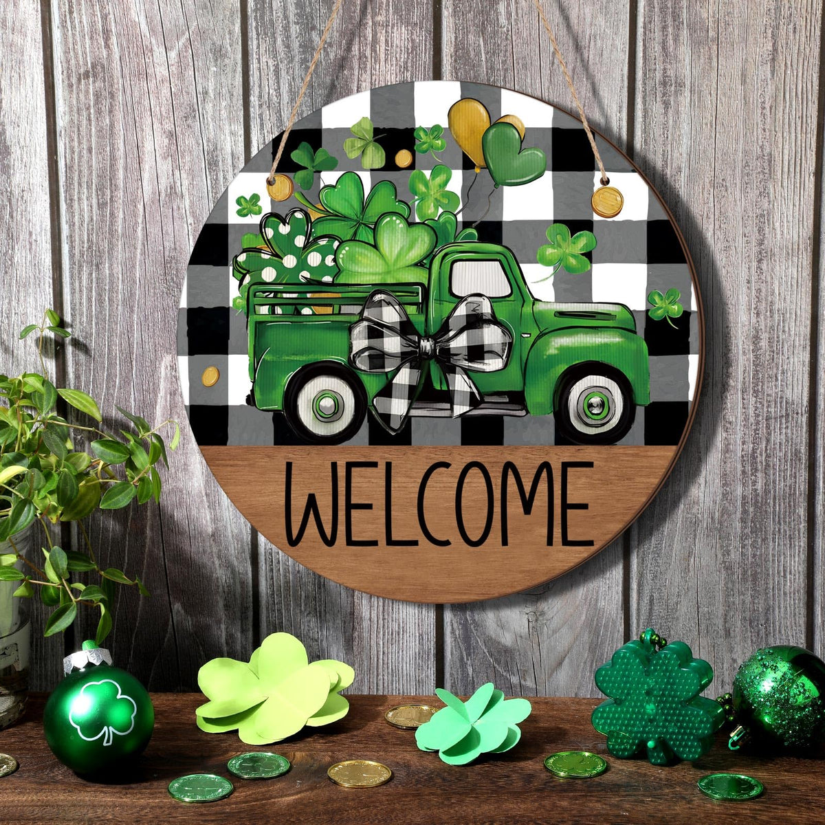 St. Patrick's Day Door Sign Decorations Wooden Welcome Shamrock Wreath Sign Farmhouse Buffalo Plaid Green Truck Door Hanger