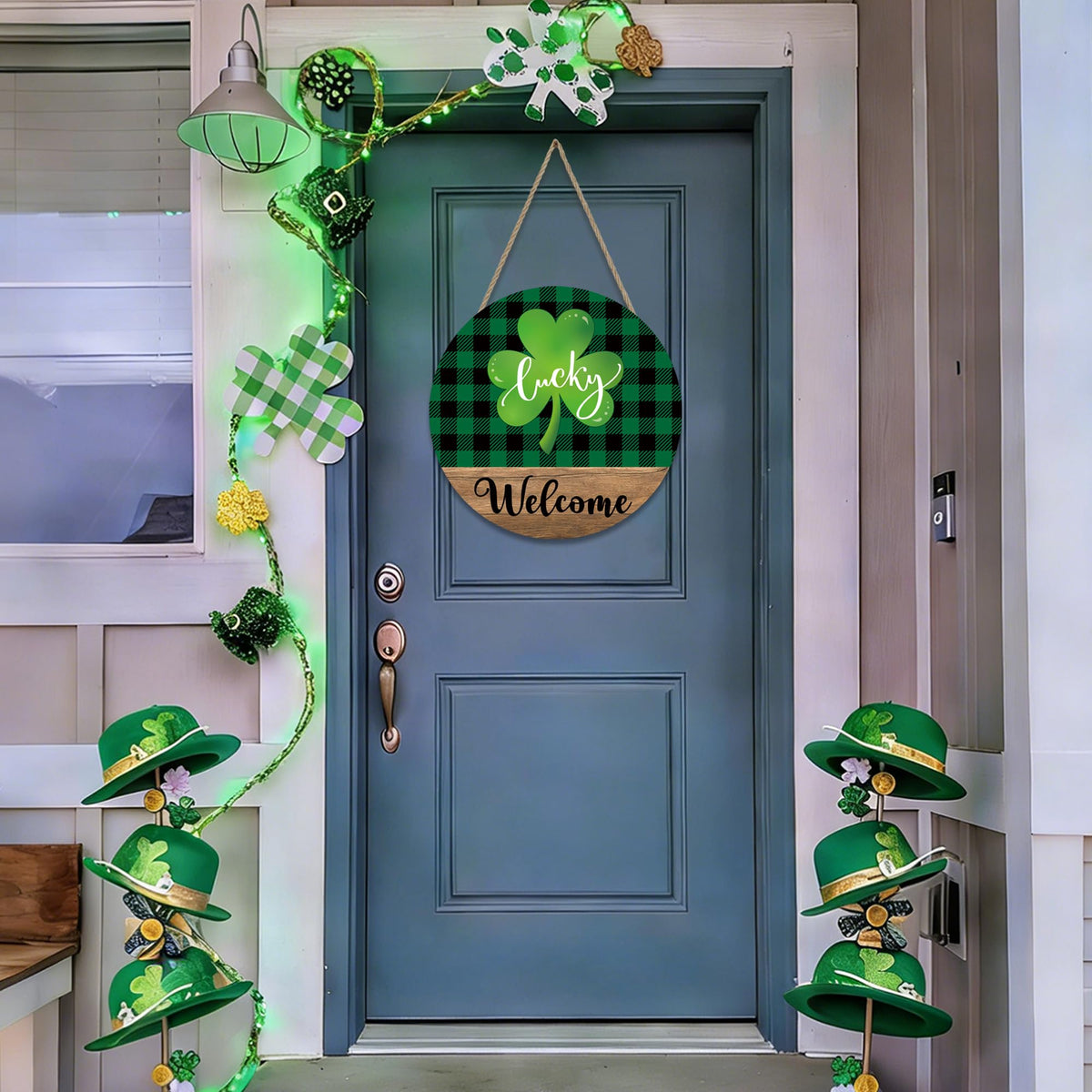St. Patrick's Day Shamrock Door Sign Lucky Shamrock Wooden Door Wreath for Front Doors Green Irish Clover Welcome Hanging Signs