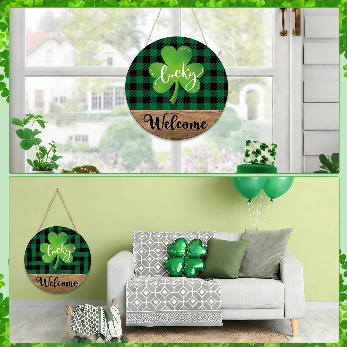 St. Patrick's Day Shamrock Door Sign Lucky Shamrock Wooden Door Wreath for Front Doors Green Irish Clover Welcome Hanging Signs