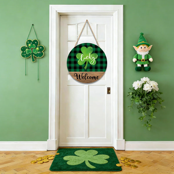 St. Patrick's Day Shamrock Door Sign Lucky Shamrock Wooden Door Wreath for Front Doors Green Irish Clover Welcome Hanging Signs