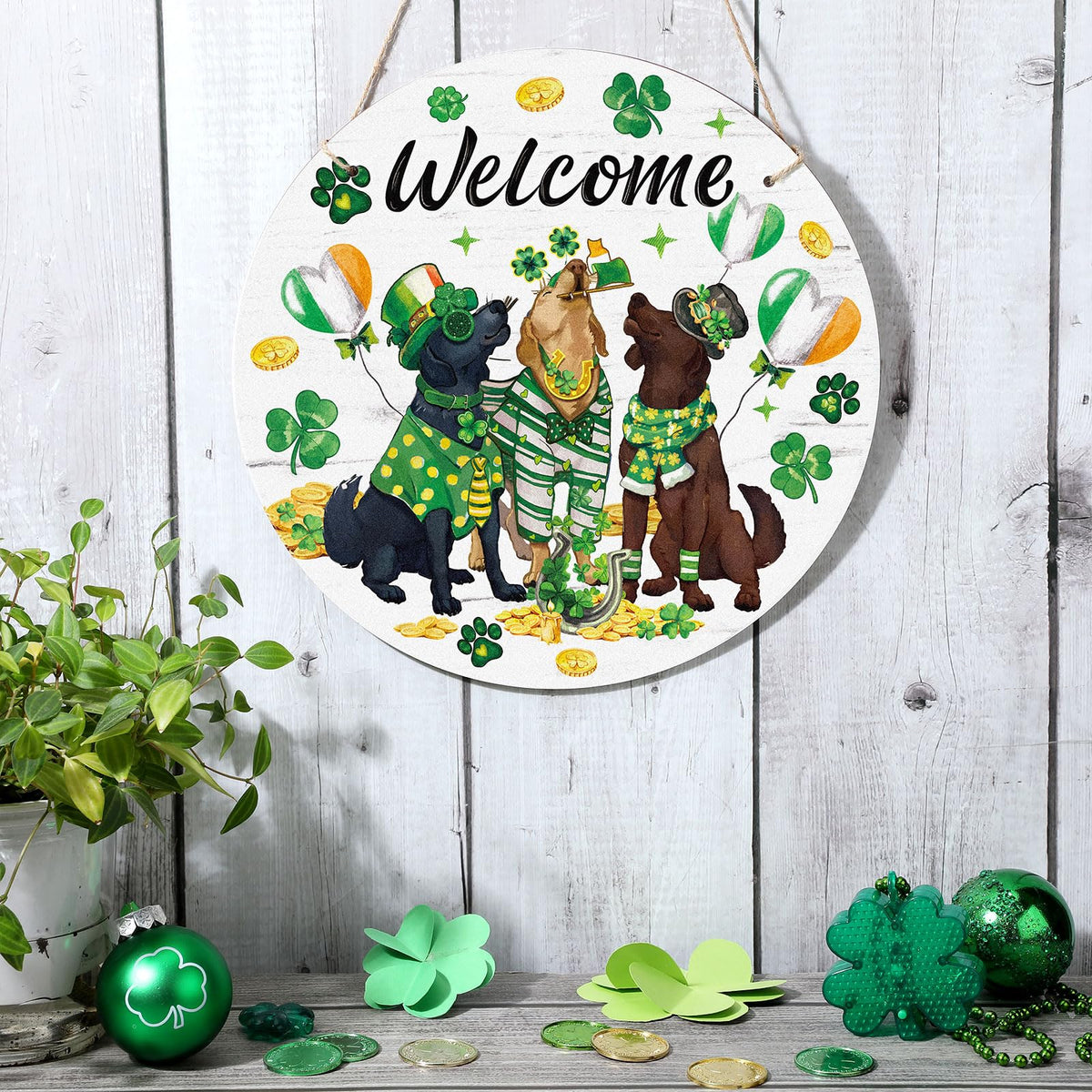 St Patrick's Day Dogs Door Wreath Decorations Wooden Shamrock Welcome Hanging Signs