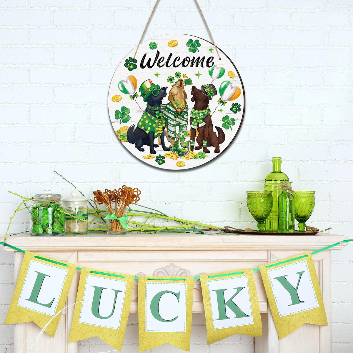 St Patrick's Day Dogs Door Wreath Decorations Wooden Shamrock Welcome Hanging Signs