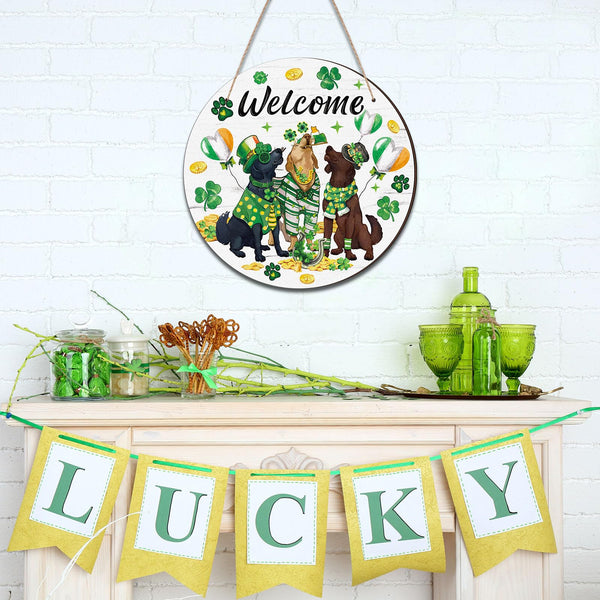 St Patrick's Day Dogs Door Wreath Decorations Wooden Shamrock Welcome Hanging Signs