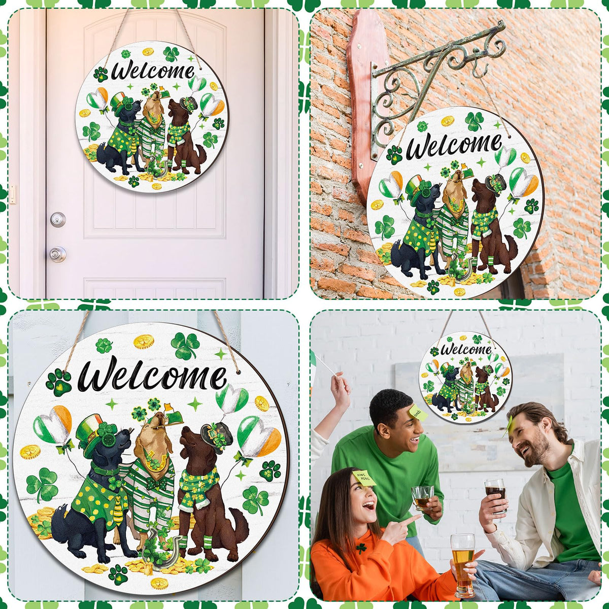 St Patrick's Day Dogs Door Wreath Decorations Wooden Shamrock Welcome Hanging Signs