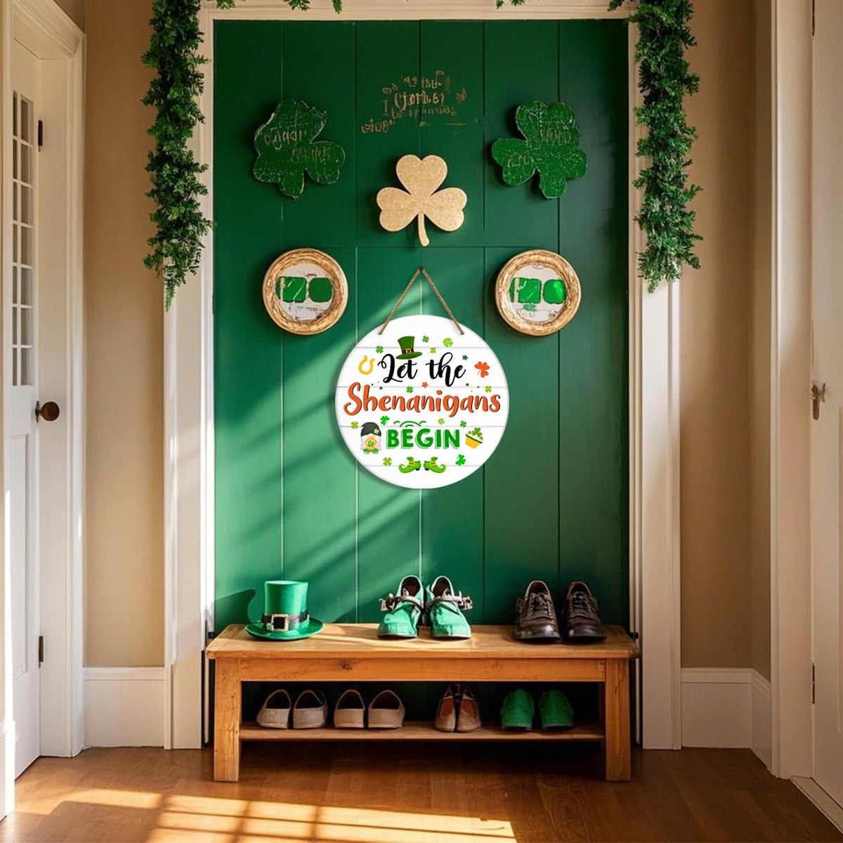 St Patricks Day Door Decorations Let the Shenanigans Begin Door Sign Shamrock Wreath Hanging Sign for Front Door
