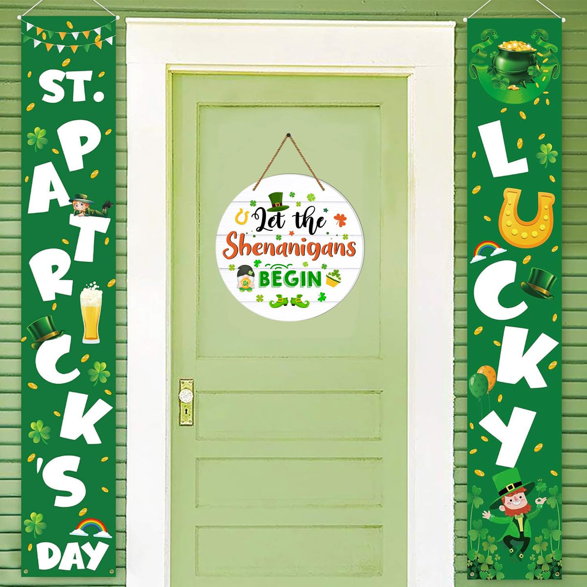 St Patricks Day Door Decorations Let the Shenanigans Begin Door Sign Shamrock Wreath Hanging Sign for Front Door