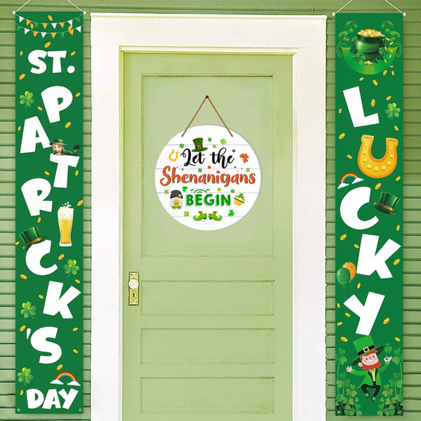 St Patricks Day Door Decorations Let the Shenanigans Begin Door Sign Shamrock Wreath Hanging Sign for Front Door