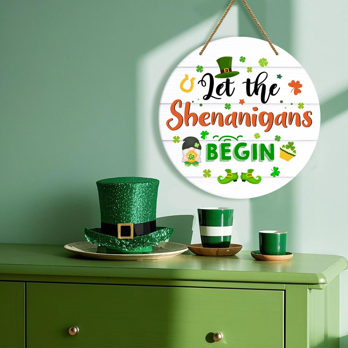 St Patricks Day Door Decorations Let the Shenanigans Begin Door Sign Shamrock Wreath Hanging Sign for Front Door