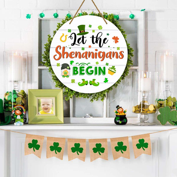 St Patricks Day Door Decorations Let the Shenanigans Begin Door Sign Shamrock Wreath Hanging Sign for Front Door