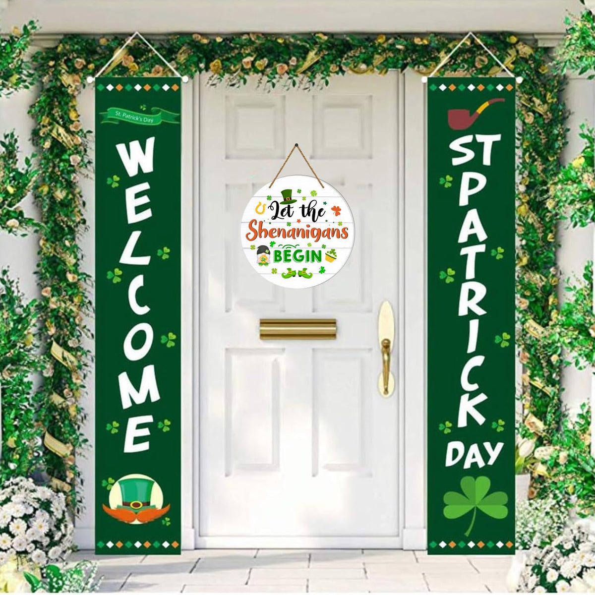 St Patricks Day Door Decorations Let the Shenanigans Begin Door Sign Shamrock Wreath Hanging Sign for Front Door
