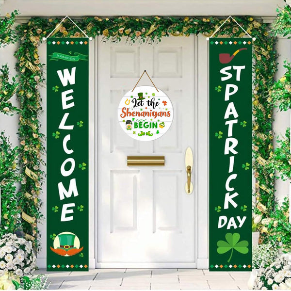 St Patricks Day Door Decorations Let the Shenanigans Begin Door Sign Shamrock Wreath Hanging Sign for Front Door