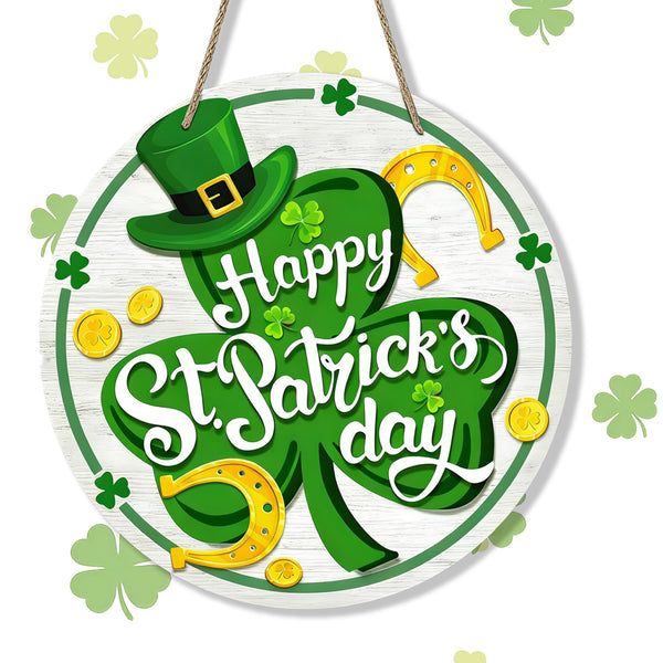 Happy St Patricks Day Decor, Front Door Sign, Green Shamrock Clover St. Patrick's day Wood Door Hanger, Spring Rustic Wooden Wreath