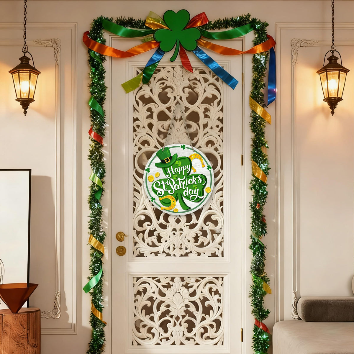 Happy St Patricks Day Decor, Front Door Sign, Green Shamrock Clover St. Patrick's day Wood Door Hanger, Spring Rustic Wooden Wreath