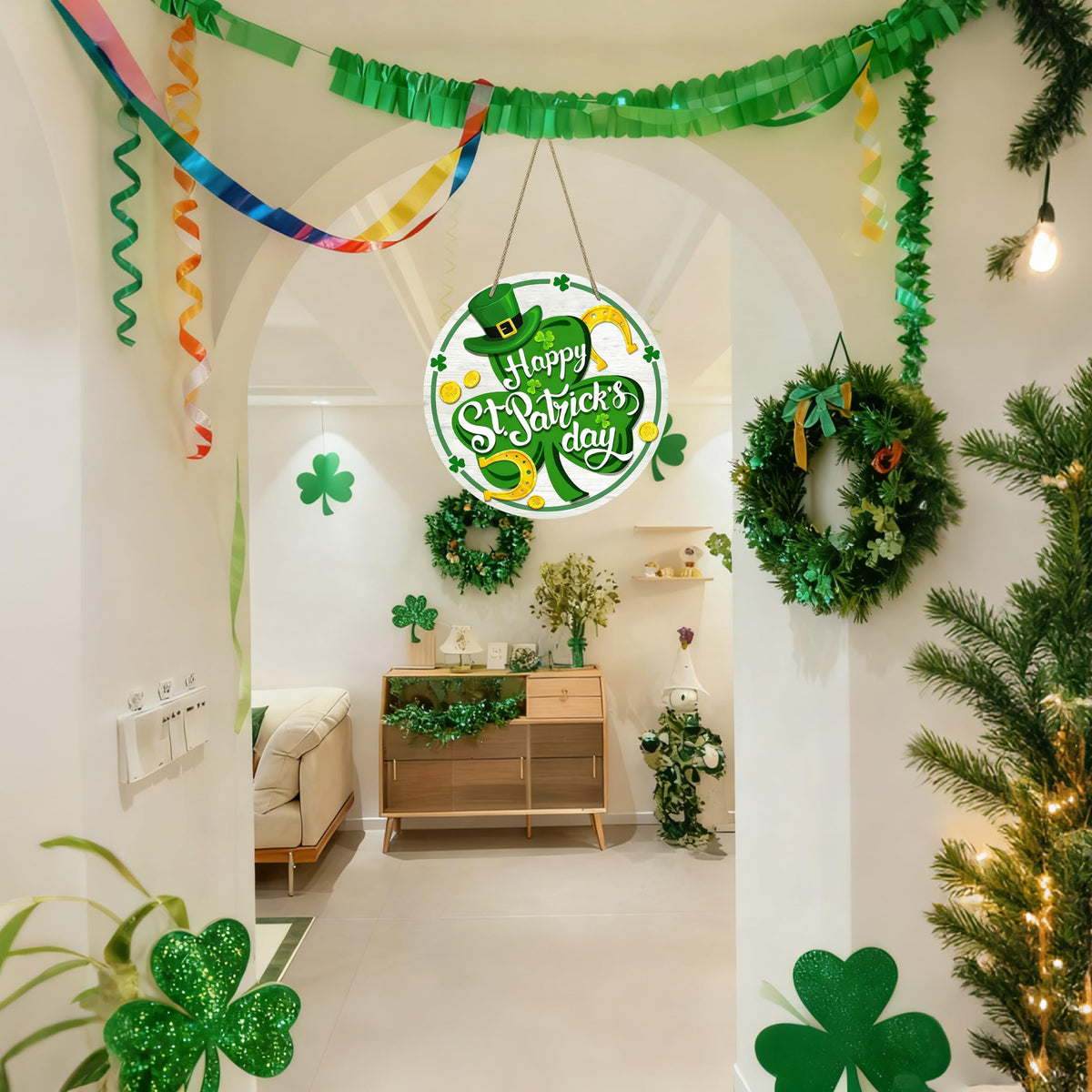 Happy St Patricks Day Decor, Front Door Sign, Green Shamrock Clover St. Patrick's day Wood Door Hanger, Spring Rustic Wooden Wreath