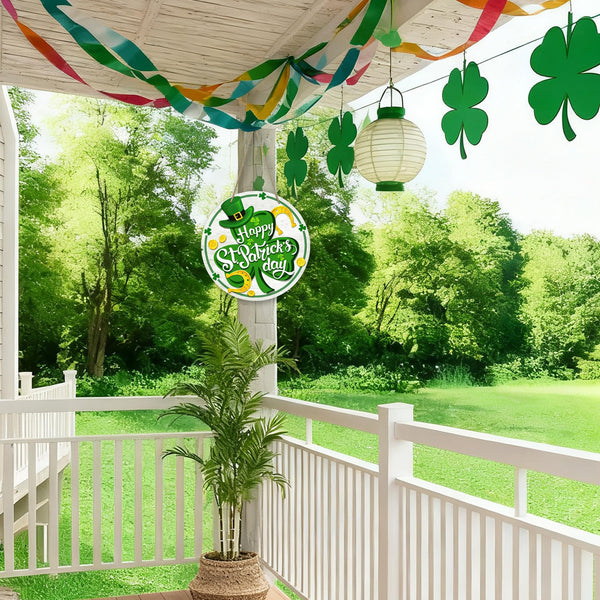 Happy St Patricks Day Decor, Front Door Sign, Green Shamrock Clover St. Patrick's day Wood Door Hanger, Spring Rustic Wooden Wreath