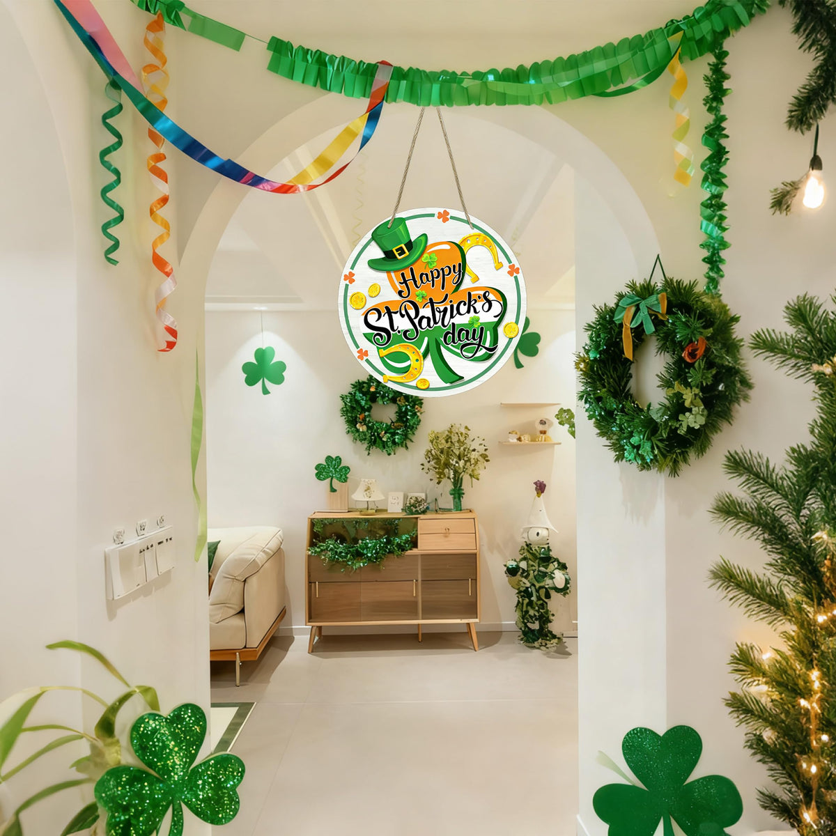 St Patricks Day Decor, Front Door Sign, Green Shamrock Clover St. Patrick's day Wood Door Hanger