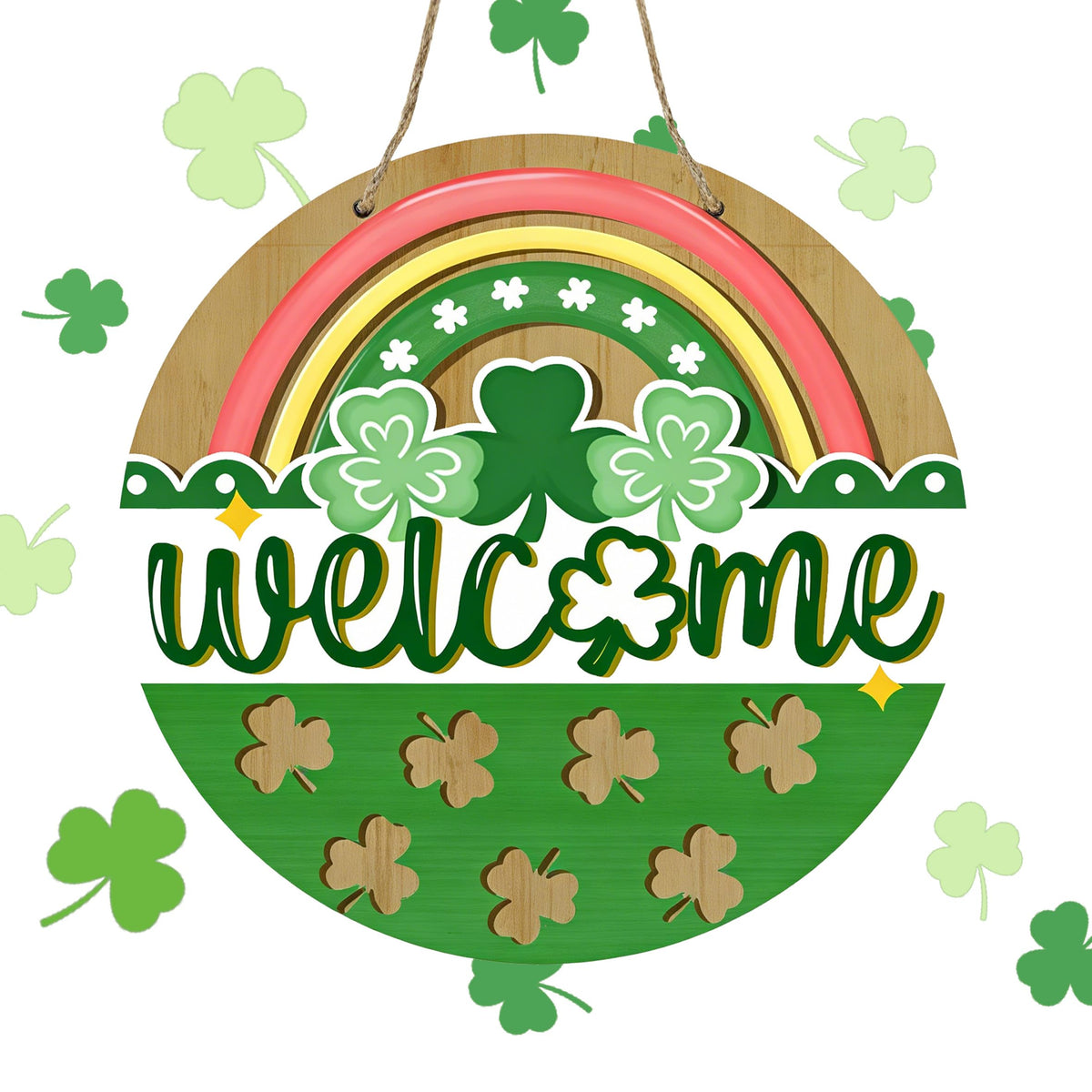 St Patricks Day Rainbow Front Door Sign, Welcome Shamrock Clover Wood Door Hanger Outdoor Outside Porch Decor