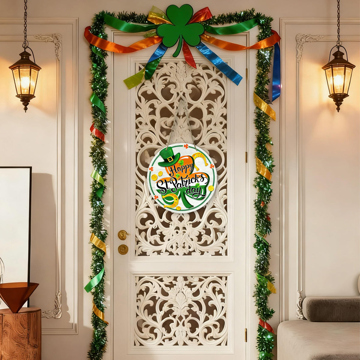 St Patricks Day Decor, Front Door Sign, Green Shamrock Clover St. Patrick's day Wood Door Hanger